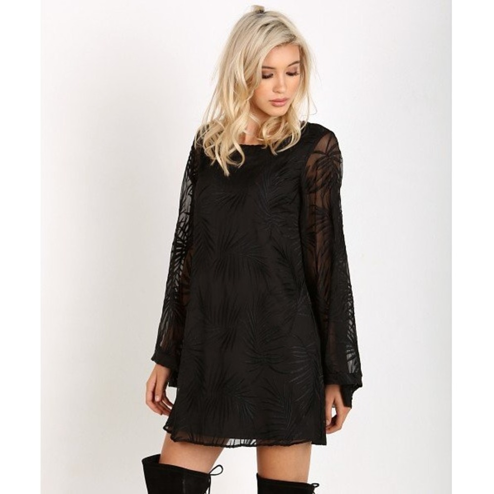 Show Me Your Mumu Mini Dress Women Small Black Palm Embroidered Boho Bell Sleeve